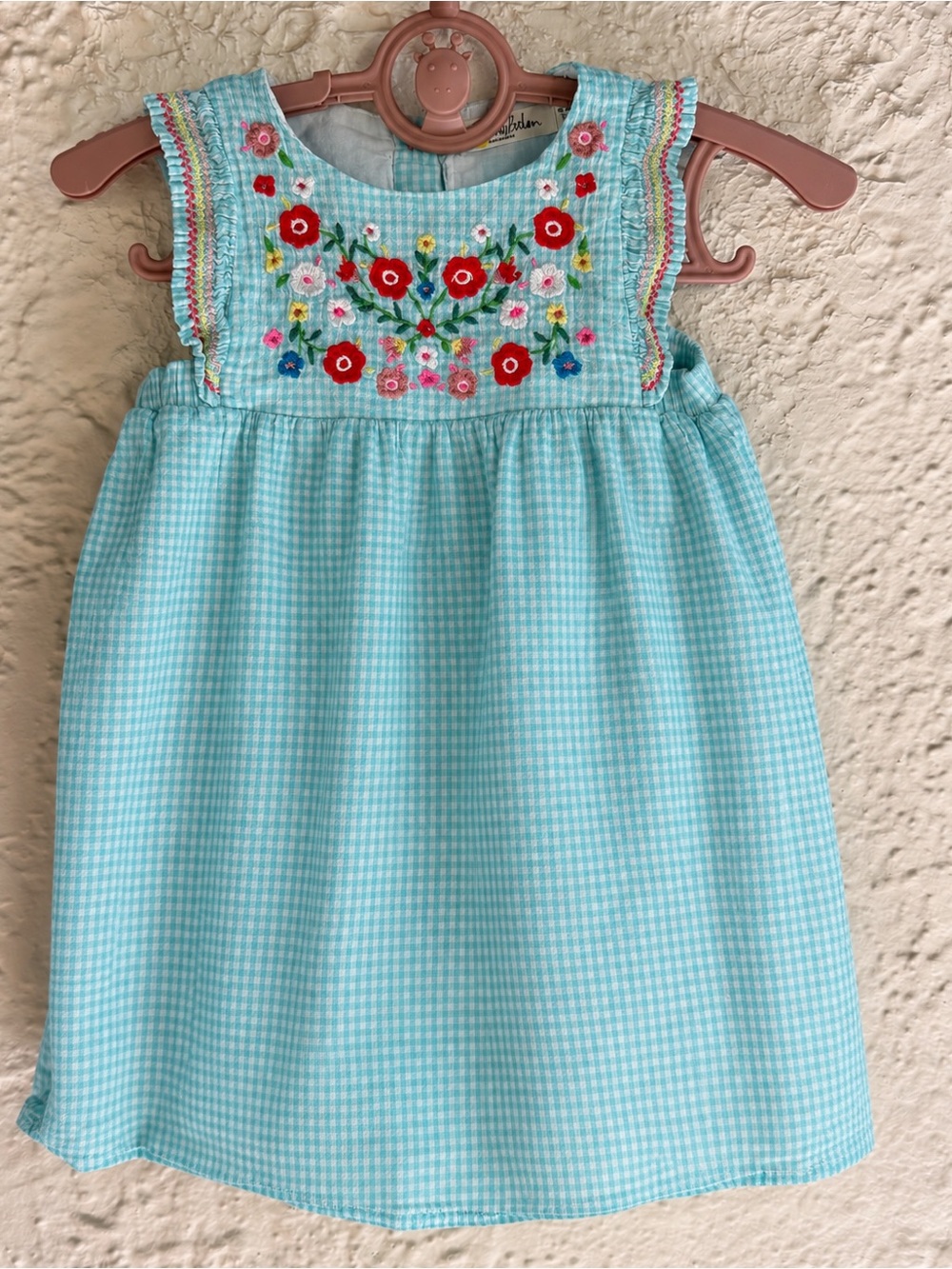 Like new, Baby Boden Aqua Gingham Embroidered Floral Sundress 18-24 mo